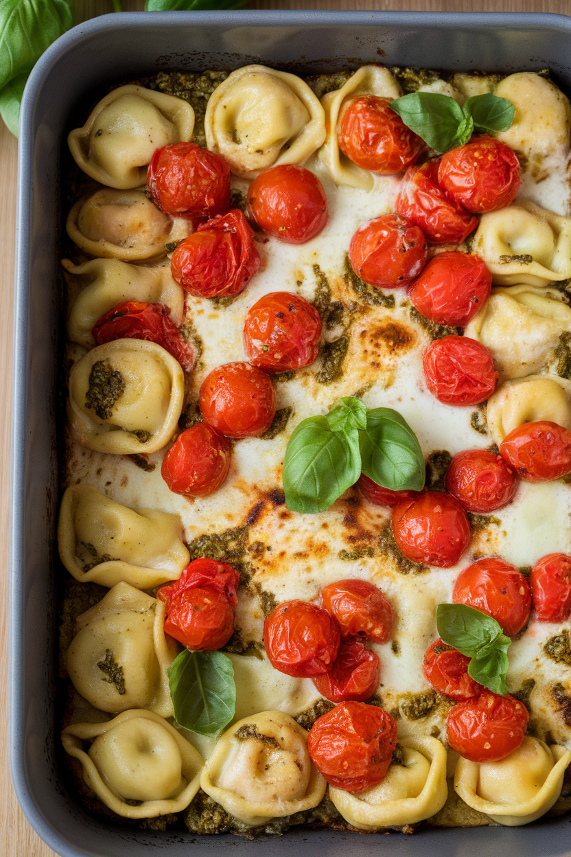 Indoor photo of a rectangular baking dish full of cheese tortellini tossed in basil pesto and cherry tomatoes, mozzarella browned on top. No text or logos.