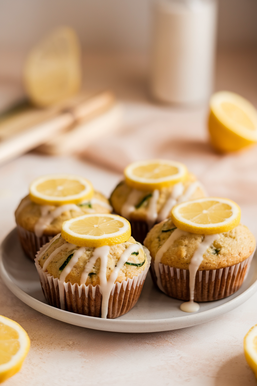Indoor photo of light zucchini muffins with lemon glaze drizzle, no text or logos