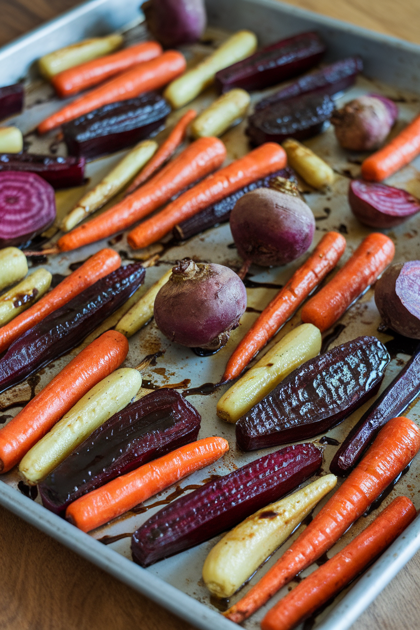 Indoor photo of a sheet pan filled with colorful roasted carrots, beets, and turnips glazed with balsamic vinegar. No text or logos.