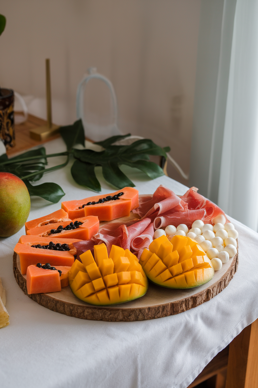 Indoor table with a board of sliced mango, papaya cubes, thin prosciutto, and fresh mozzarella pearls; no text or logos visible.