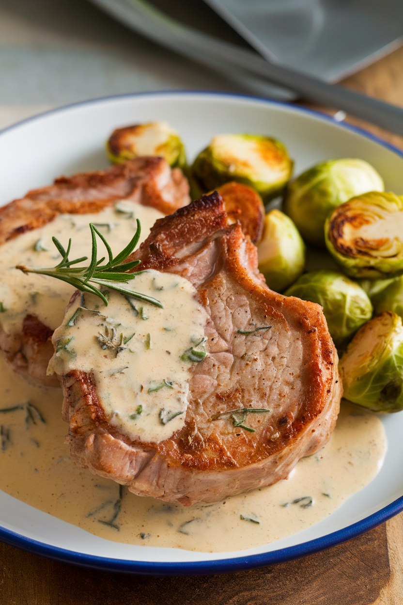 An indoor plate featuring seared pork chops draped in a light rosemary cream sauce, with roasted Brussels sprouts on the side. No text or logos. Photo, not illustration.
