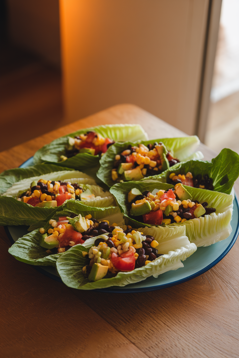 A warmly lit indoor table showing romaine leaves filled with black beans, diced avocado, corn, and tomato, all drizzled with lime juice. No text or logos visible. Photo.