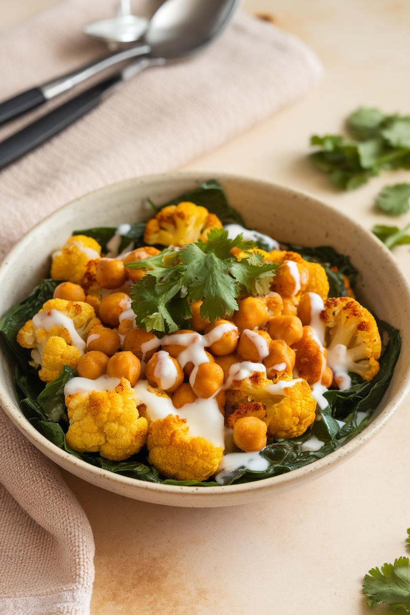 Indoor photo of a bowl filled with roasted curry cauliflower and chickpeas over spinach with yogurt drizzle; no text or logos.