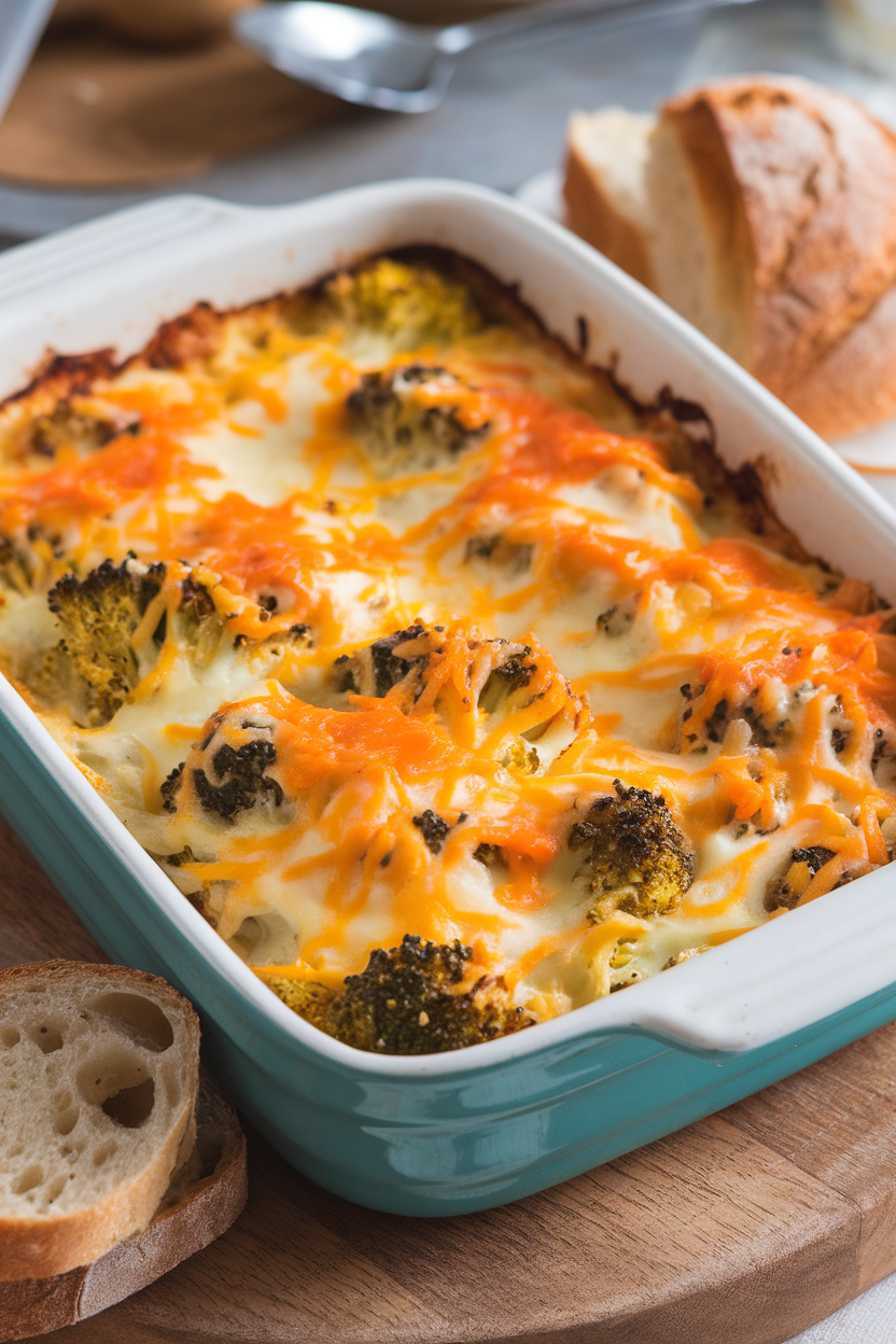 Indoor casserole dish bubbling with broccoli florets in cheese sauce, topped with melted cheddar. No text or logos. Photo, not illustration.