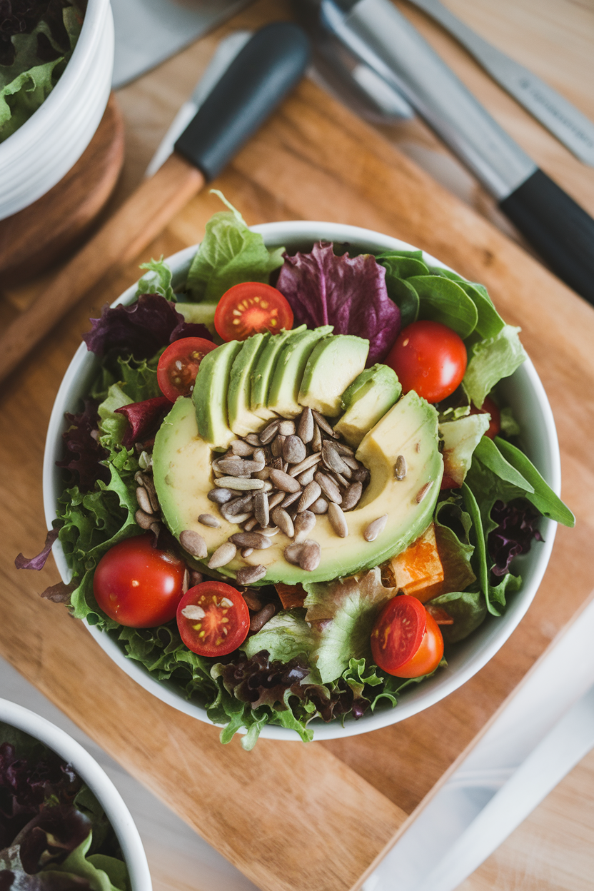 An indoor overhead shot of a salad topped with sliced avocado and sprinkled sunflower seeds, no logos.