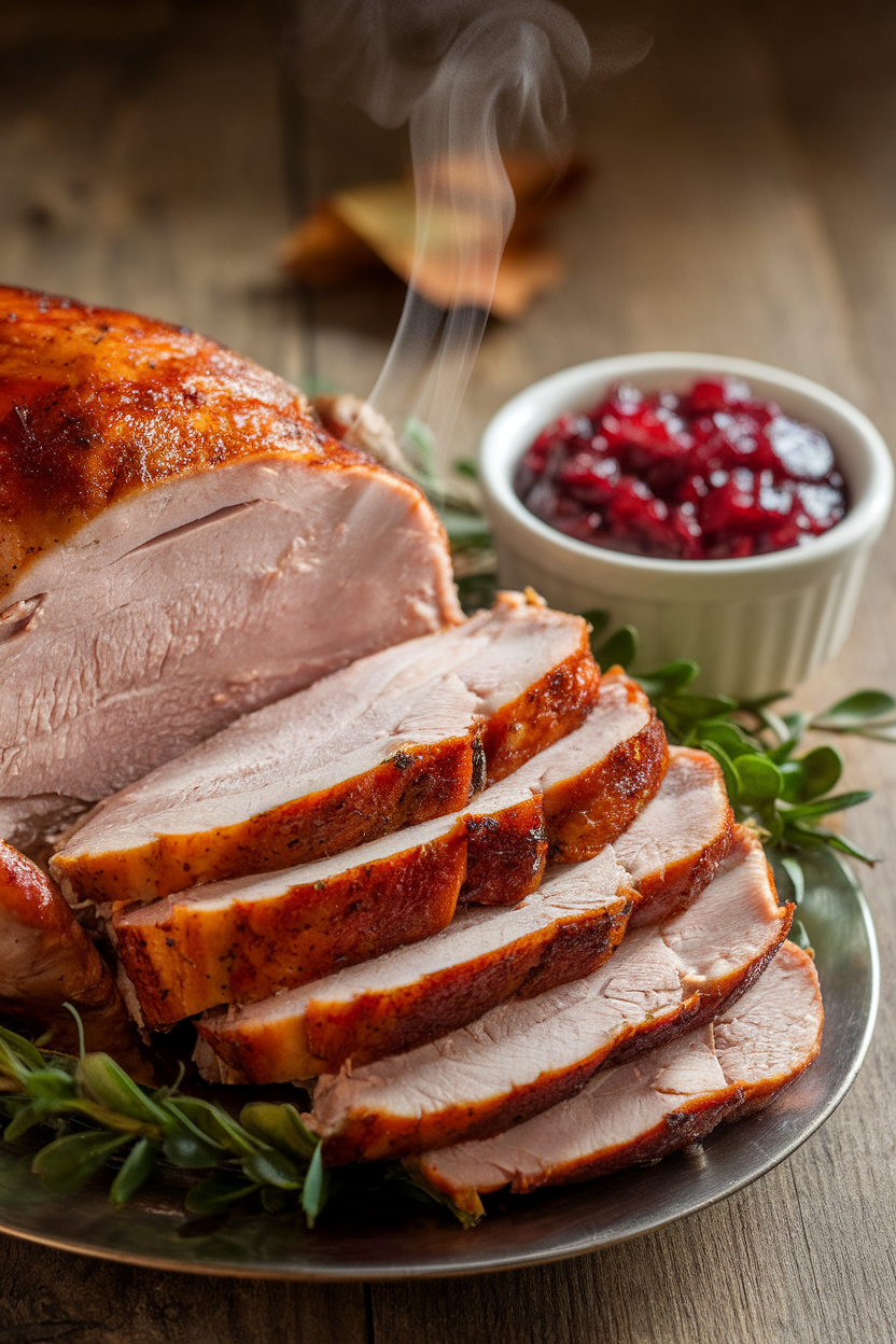 Indoor photo of sliced smoked turkey breast arranged on a platter, thin wisp of steam, small bowl of cranberry sauce nearby, no text or logos.