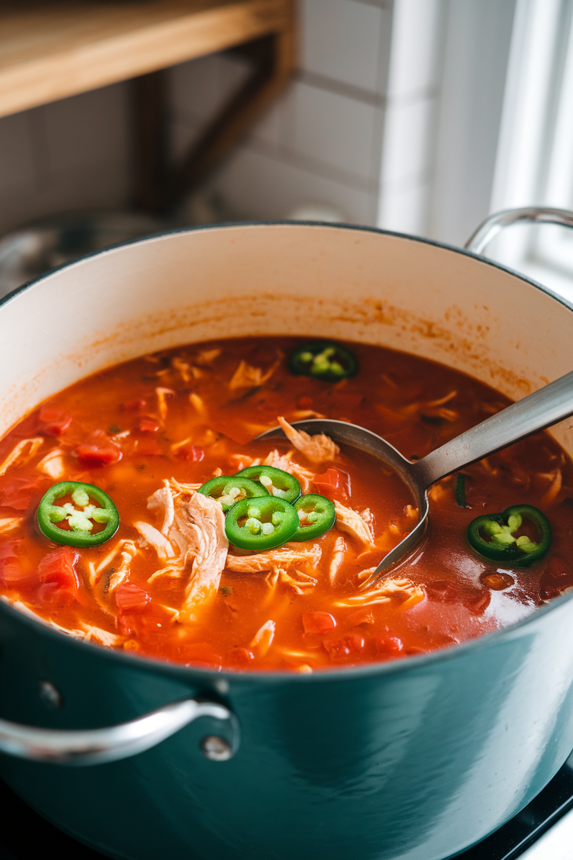 An indoor soup pot filled with red enchilada soup featuring shredded chicken, diced tomatoes, and jalapeño slices, a ladle resting inside. No text or logos. Photo only.