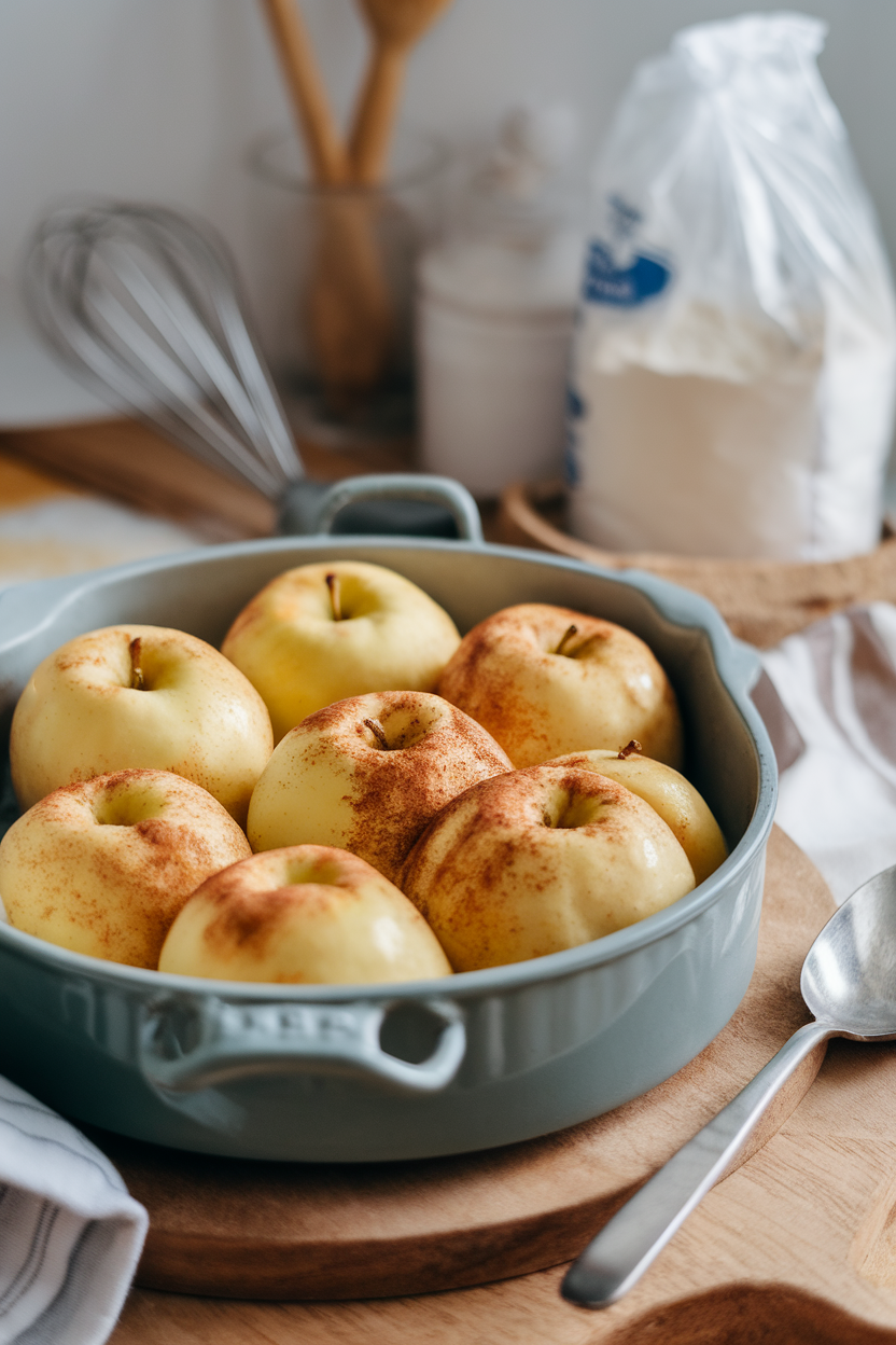 A baking dish with cinnamon-stuffed apples fresh from the oven, indoor photo, no text or logos