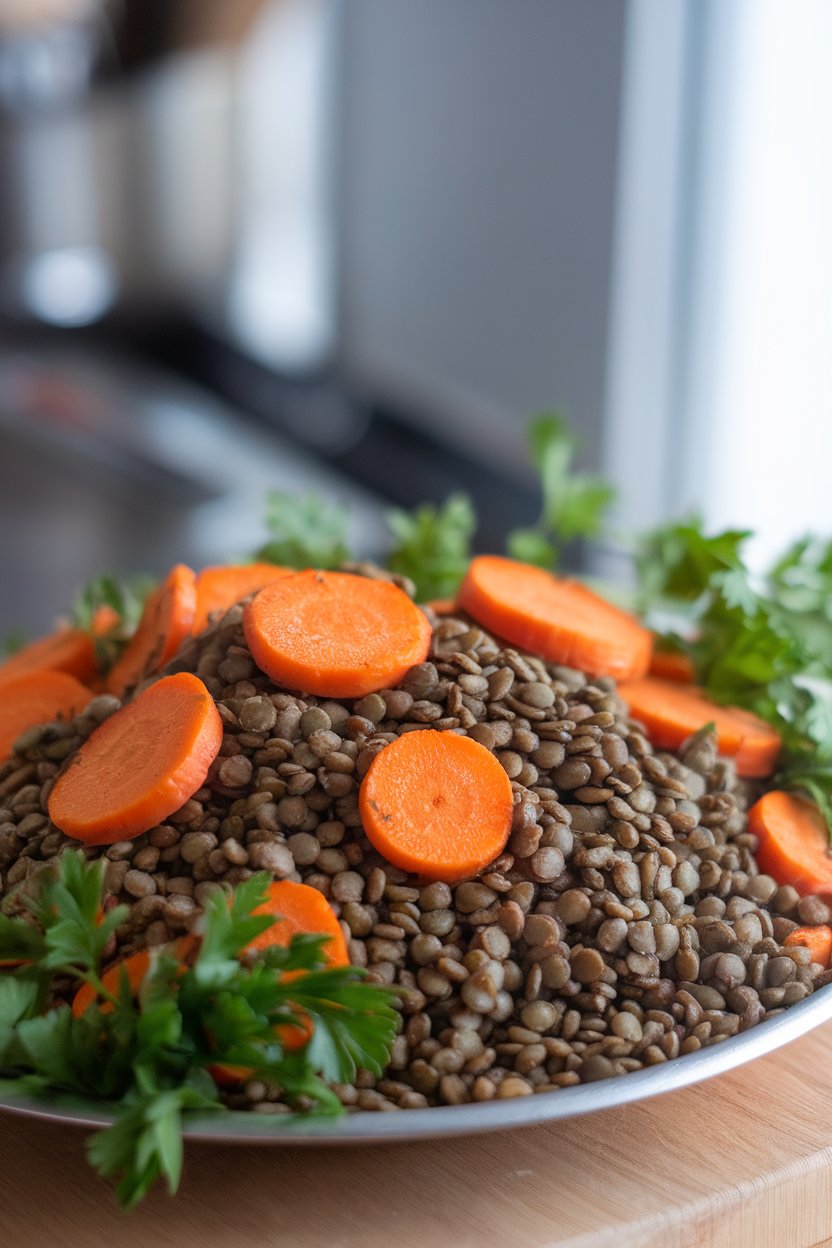 An indoor platter of green lentils mixed with roasted orange carrot coins and fresh parsley. No text or logos.