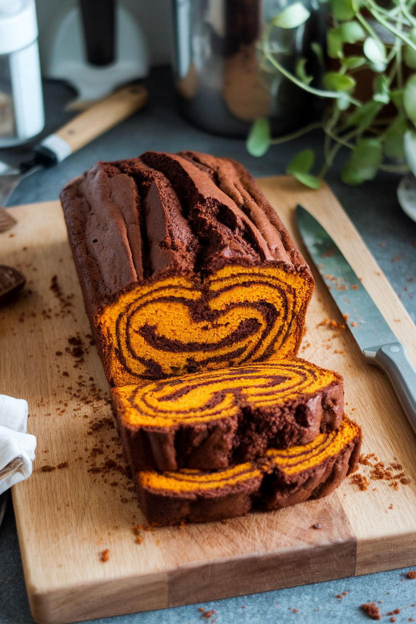 An indoor kitchen counter with a sliced loaf showing swirls of dark chocolate and orange pumpkin batter, crumbs scattered. This should be a photo, not an illustration. No text or logos anywhere in the scene.