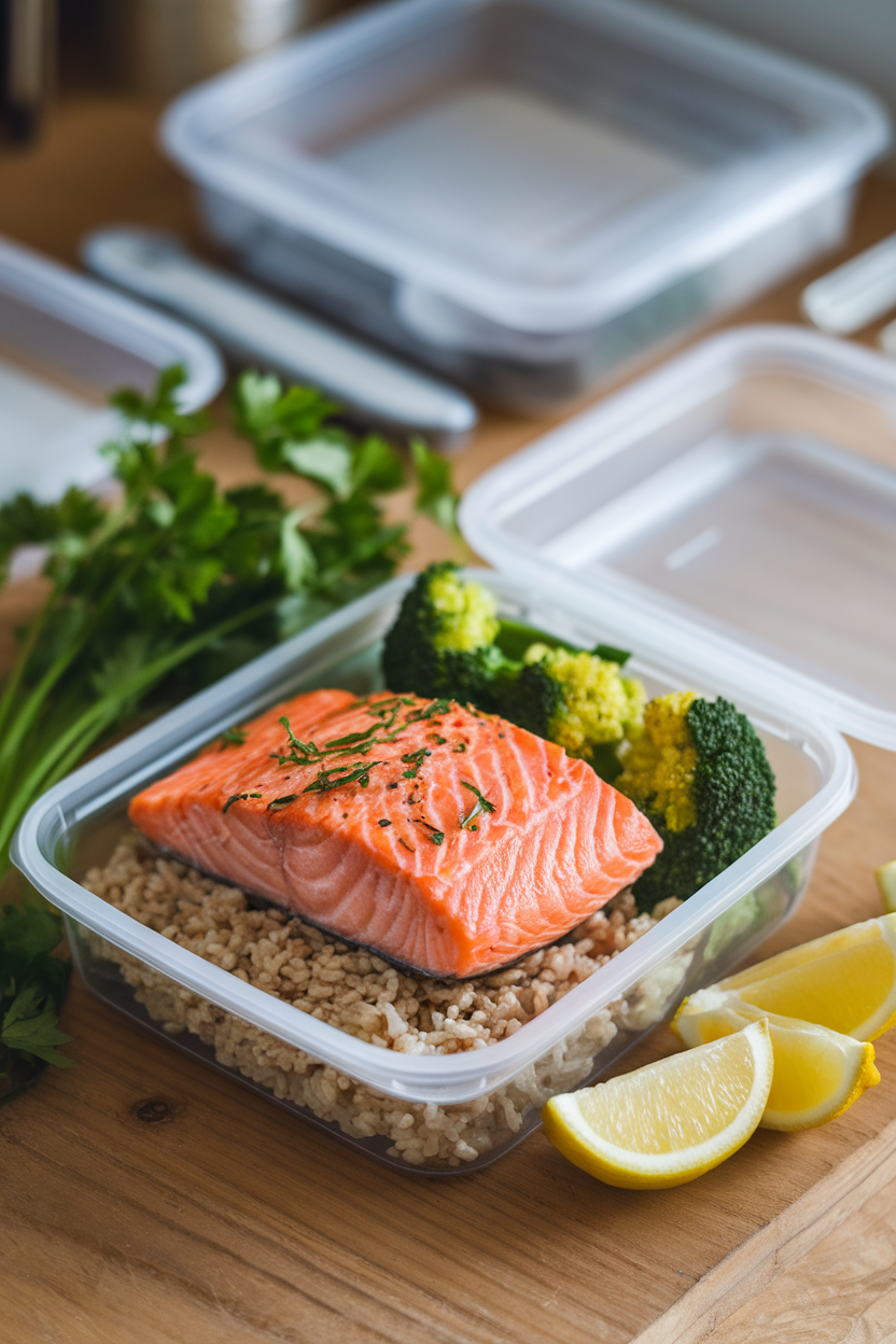 Indoor photo of a meal-prep container with cooked salmon fillet, brown rice, and broccoli florets; no text or logos