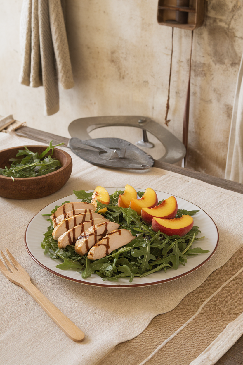 An indoor farmhouse table with a salad plate of peppery arugula, sliced grilled chicken, juicy peach wedges, and balsamic drizzle — photo-realistic, no logos