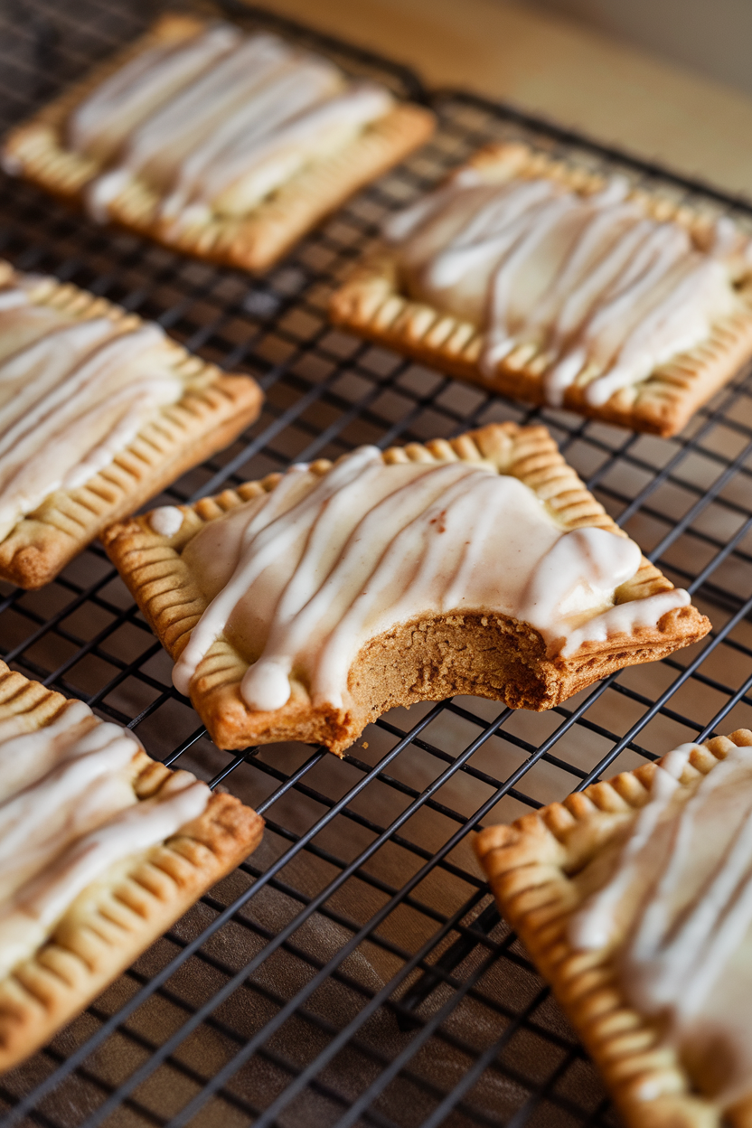 Homemade rectangular pop tarts on an indoor cooling rack, gingerbread crust, maple glaze drizzled, a bite taken from one. No text or logos.