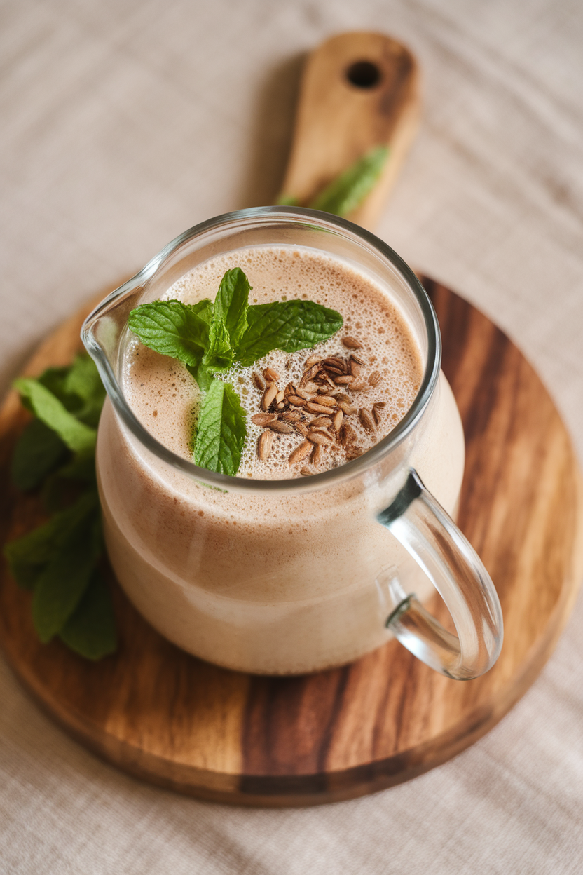 Photo prompt: An indoor glass jug of frothy spiced buttermilk with mint leaves and roasted cumin on top. No text or logos.