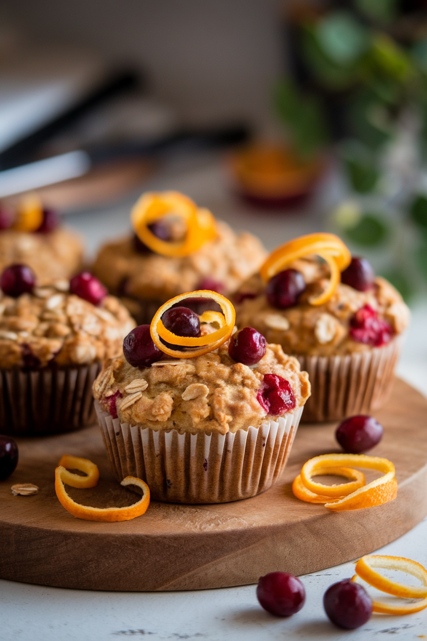 Indoor photo of cranberry orange oat muffins with orange zest spirals scattered around, no text or logos