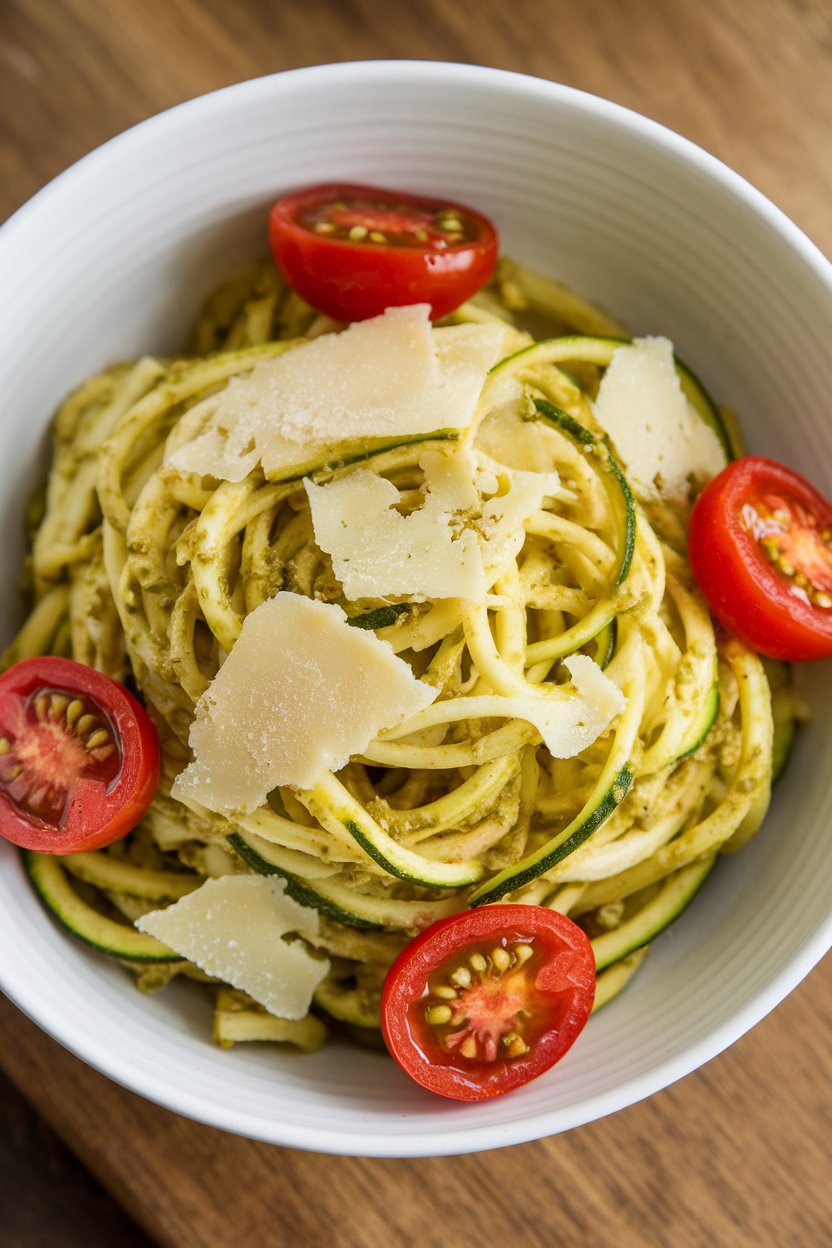 An indoor white bowl of zucchini noodles tossed in pesto, garnished with cooked cherry tomatoes and Parmesan shavings. Photo, no text or logos.