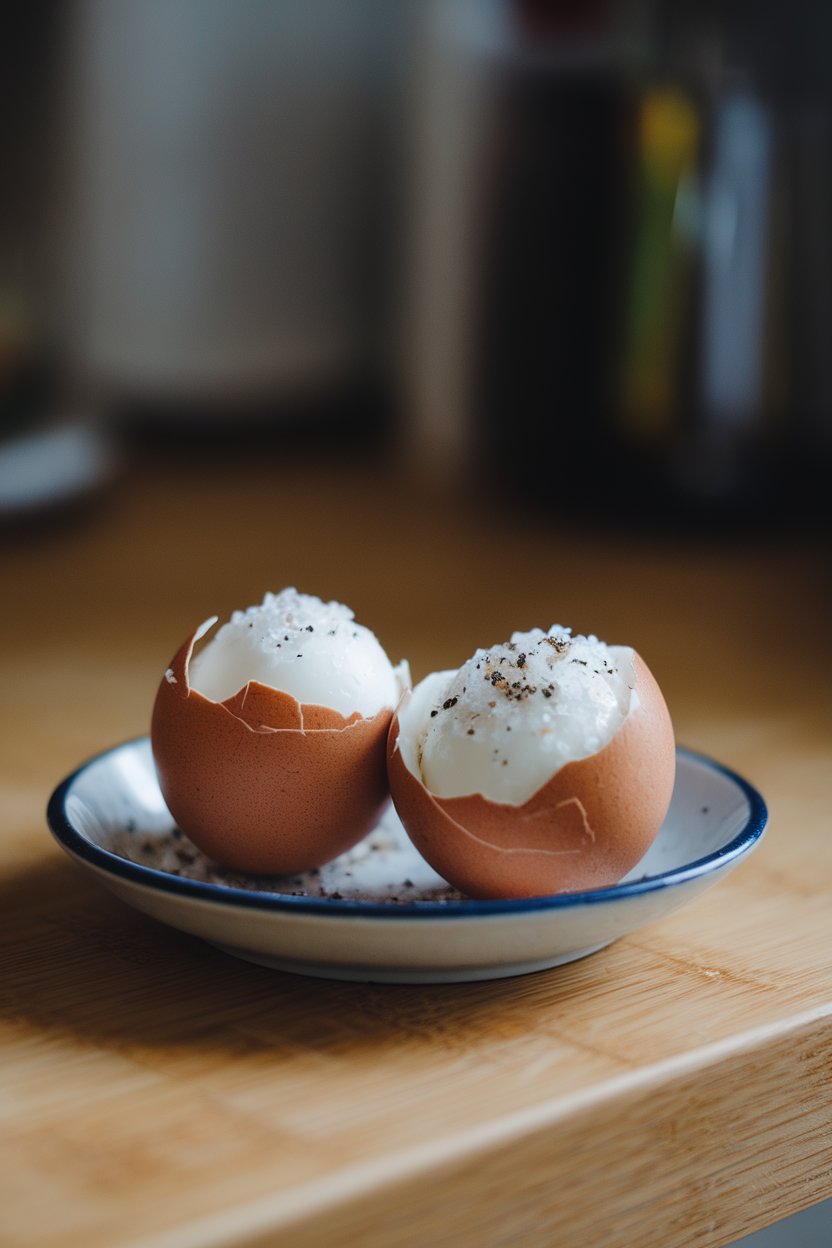 A small plate indoors holding two peeled hard-boiled eggs sprinkled with flaky sea salt and cracked pepper. No text or logos. Photo.