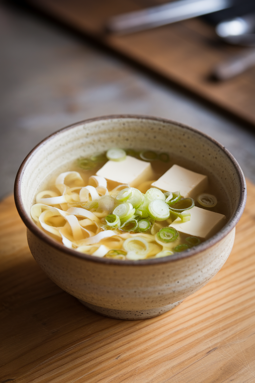 Indoor ceramic bowl of light broth with visible egg ribbons, tofu cubes, and sliced scallions. No text or logos.