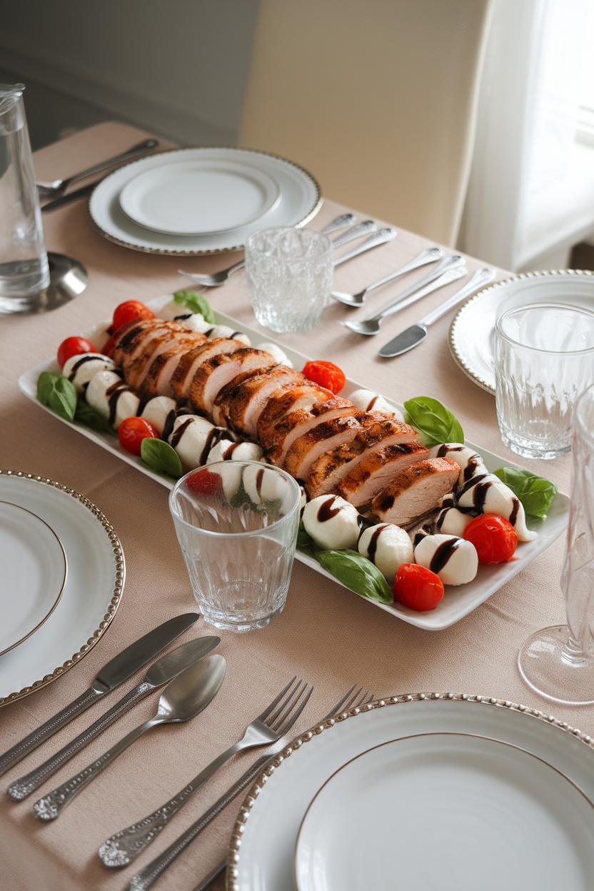 Indoor dining room table with a platter of sliced grilled chicken, fresh mozzarella pearls, cherry tomatoes, and basil leaves drizzled with balsamic — no text or logos