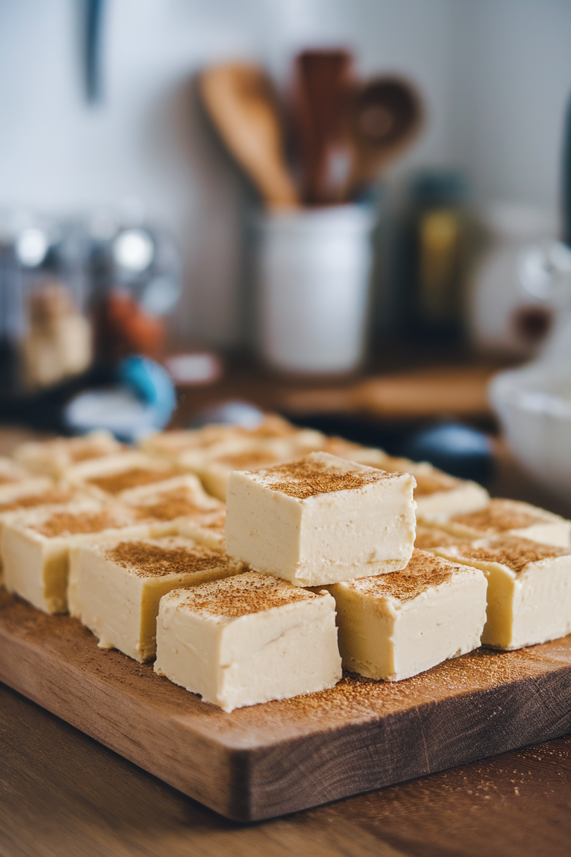A wooden cutting board indoors displaying neat squares of creamy eggnog fudge dusted with freshly grated nutmeg. No text or logos, photo only.
