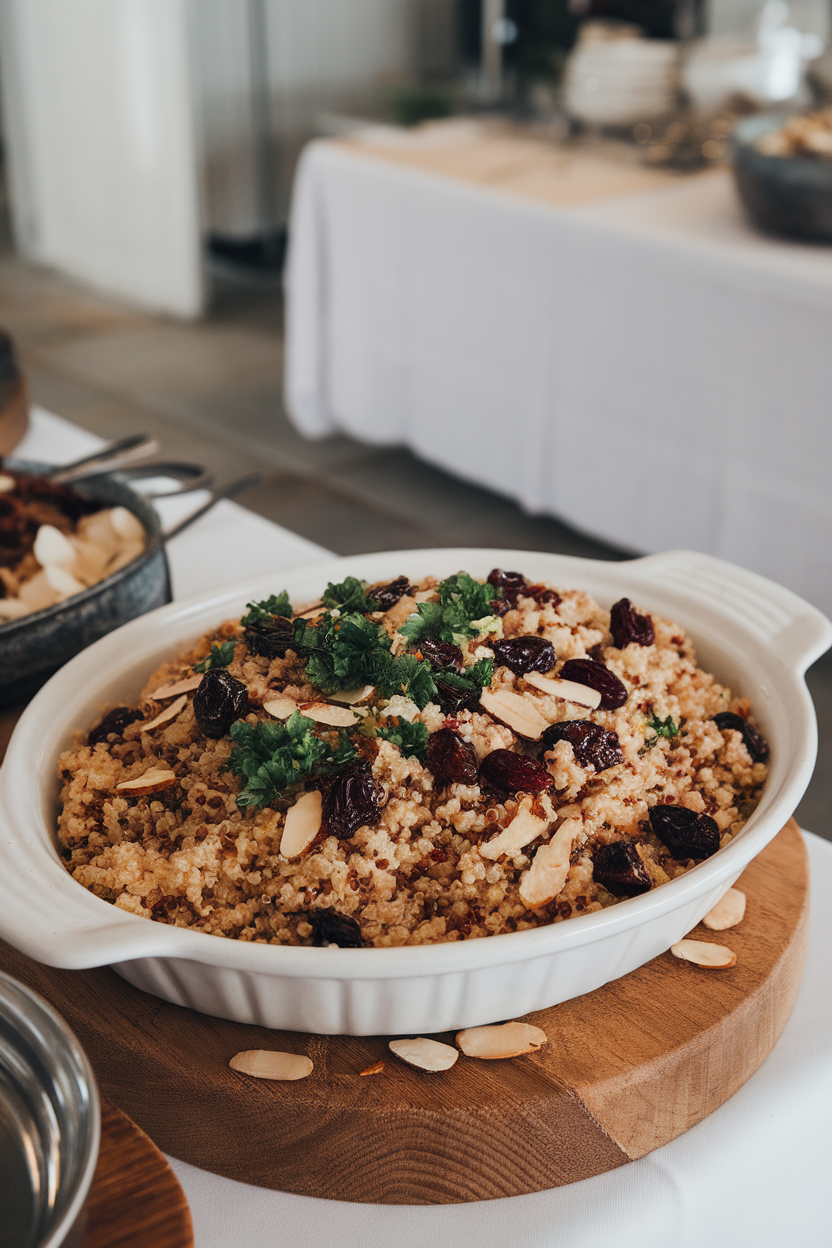 A serving dish of fluffy quinoa mixed with dried cherries, parsley, and toasted almonds on an indoor buffet table. No text or logos.