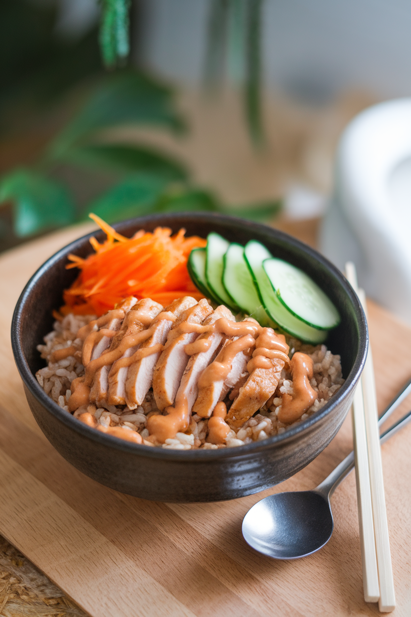 An indoor ceramic bowl filled with brown rice, sliced chicken drizzled in peanut-lime sauce, shredded carrots, and cucumber ribbons. No text or logos. Photo.