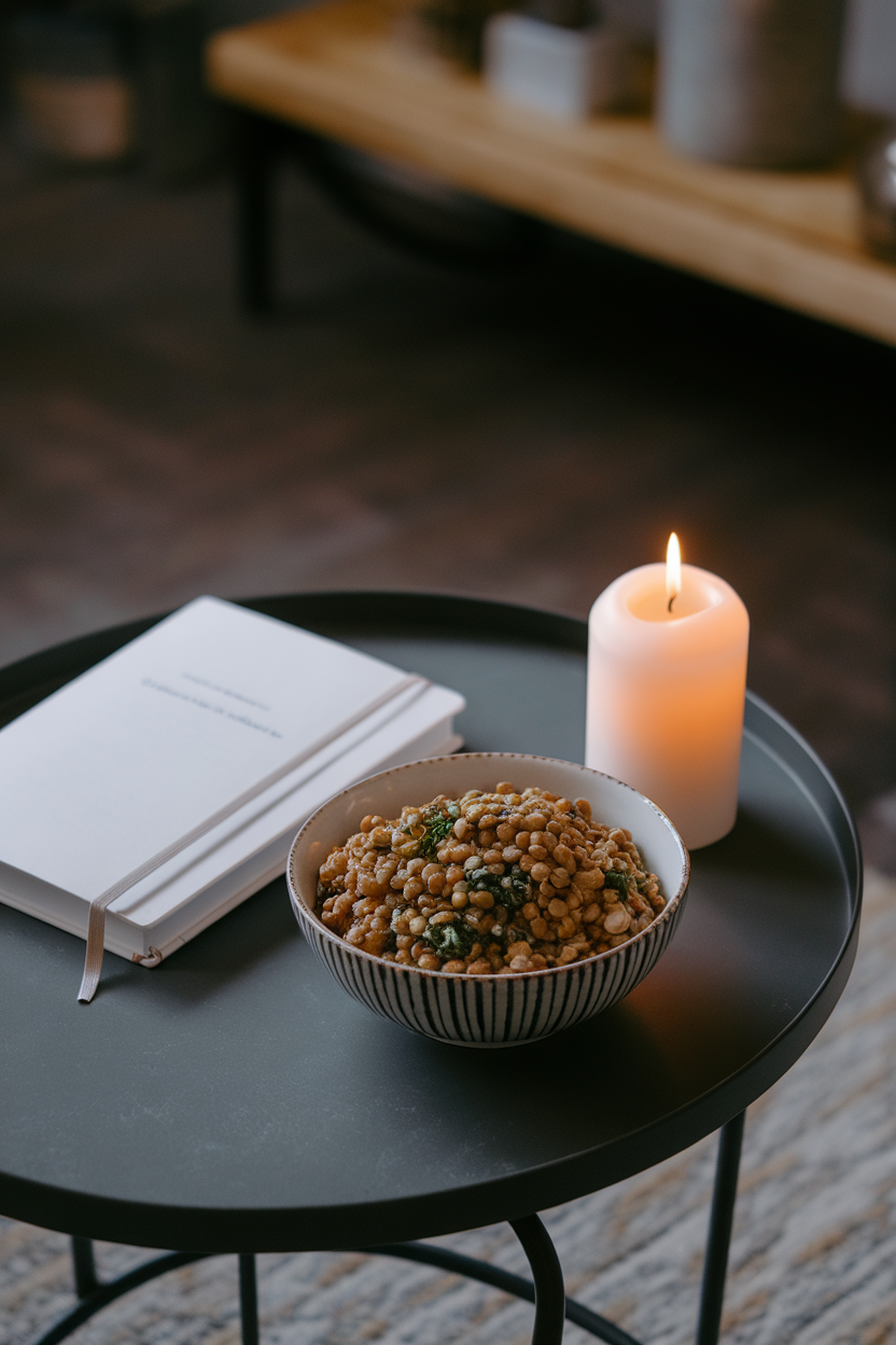 Indoor table split: one side a journal and candle, the other side a bowl of lentil salad, no text or logos. Photo.