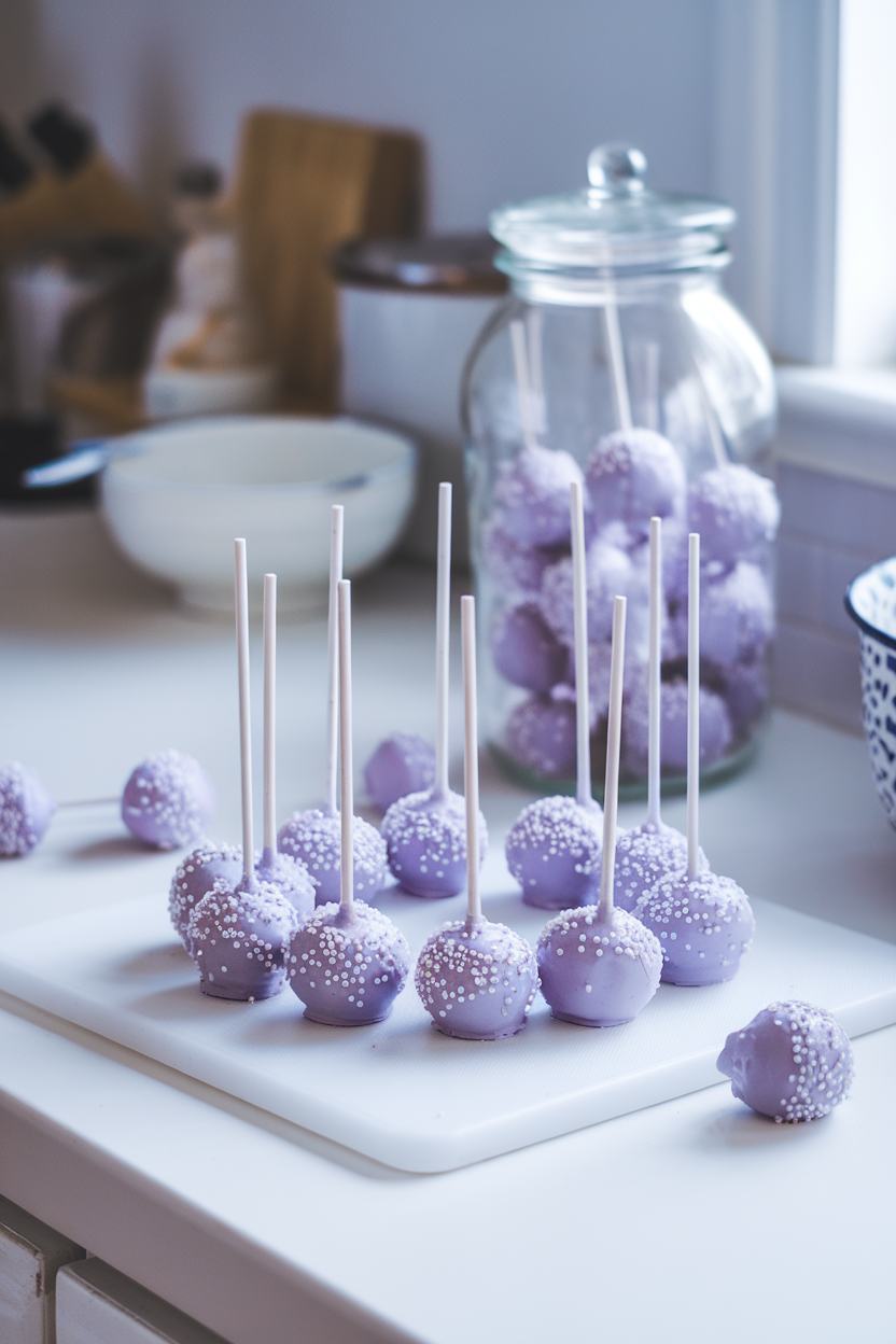 Photo, not illustration. Indoor bright kitchen. Lavender-blue cake pops speckled with white sugar pearls, displayed on a white cutting board. No text or logos.