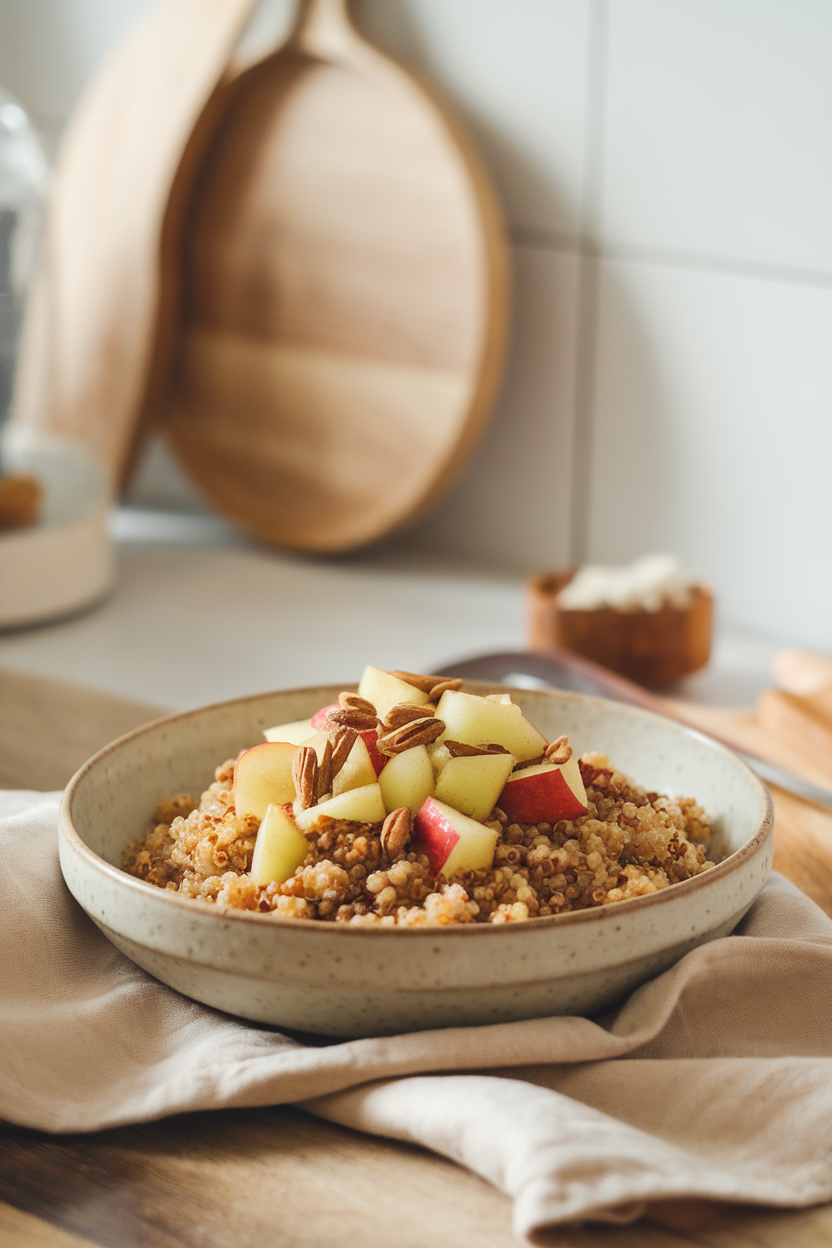 Indoor dining table showing a bowl of warm quinoa topped with diced apples, cinnamon, and toasted almonds; no text or logos, photo style.