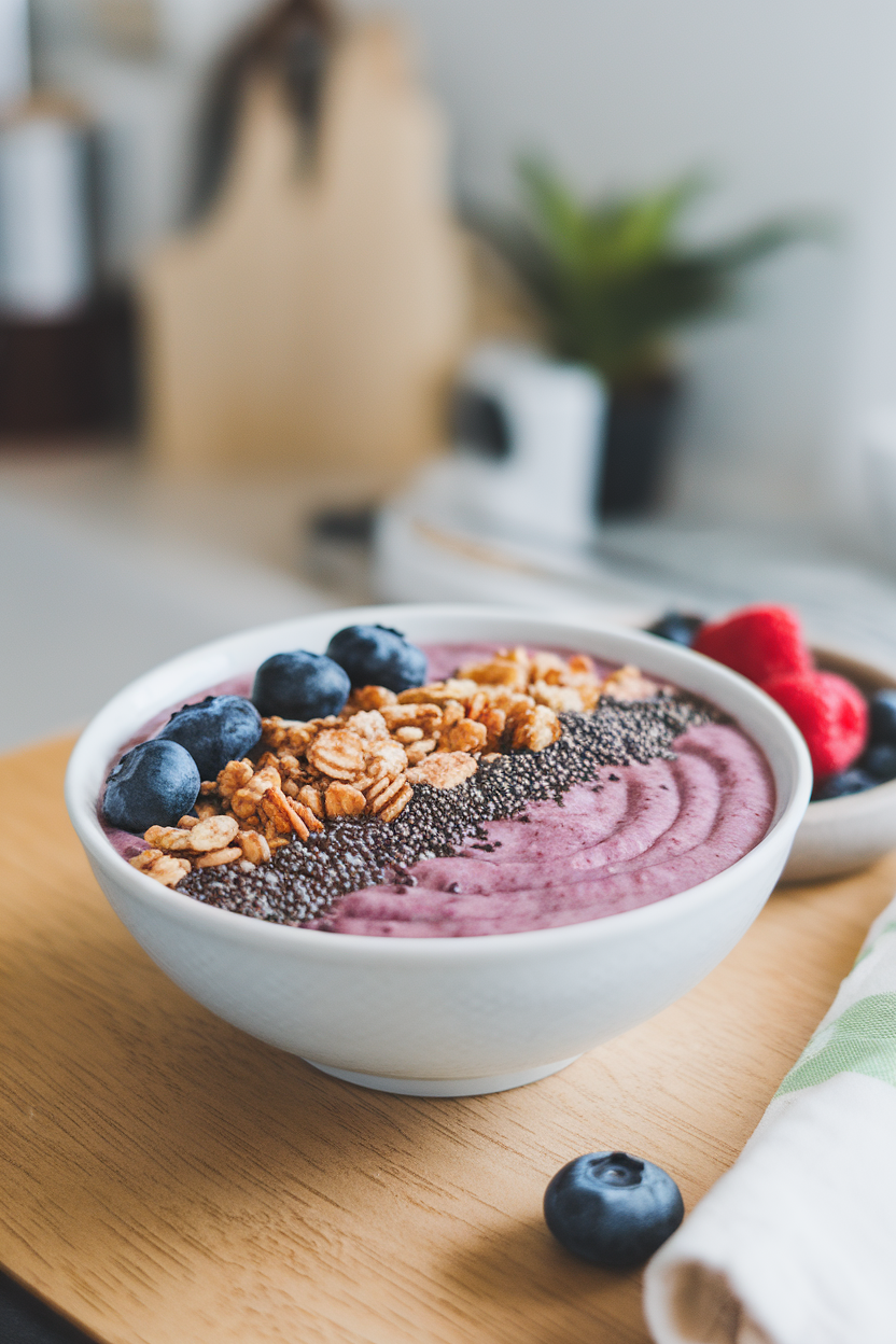 Photo of an indoor breakfast table with a berry smoothie bowl topped with granola and chia seeds, no text or logos.