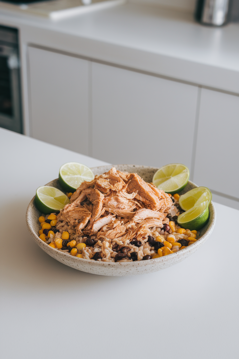 Indoor counter with a shallow bowl of shredded chicken over brown rice, corn, and black beans, garnished with lime wedges. No logos or text.