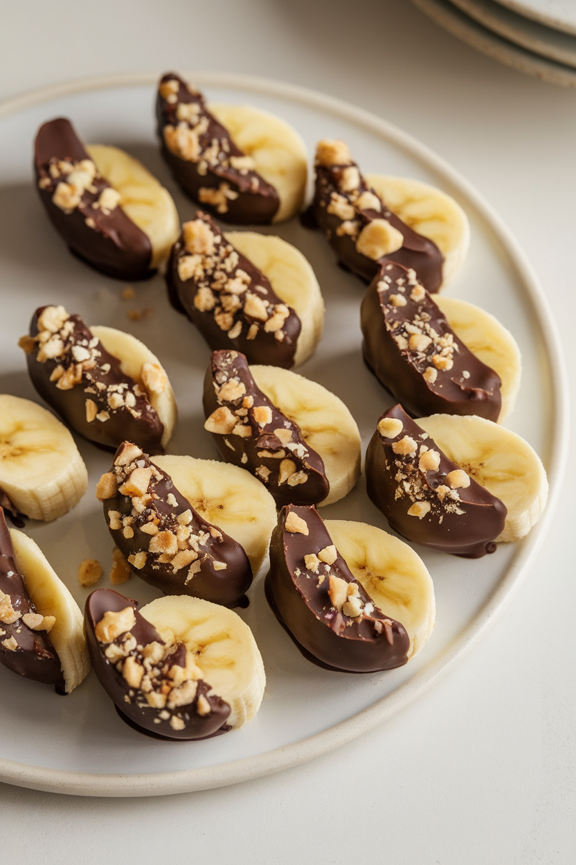 An indoor freezer-to-table shot of small banana segments half-dipped in dark chocolate, sprinkled with crushed nuts. Photo, no text or logos.