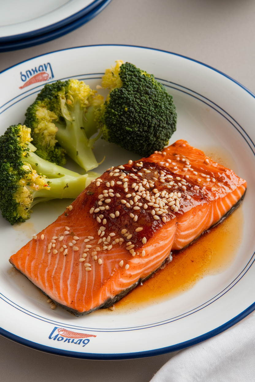 Photo of an indoor dinner plate holding cooked teriyaki-glazed salmon fillet alongside bright steamed broccoli, sesame seeds sprinkled, no logos visible.