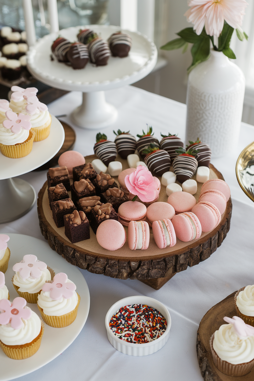 Indoor dessert table showcasing a board with brownie bites, macarons, chocolate-covered strawberries, and marshmallows; no logos or text.