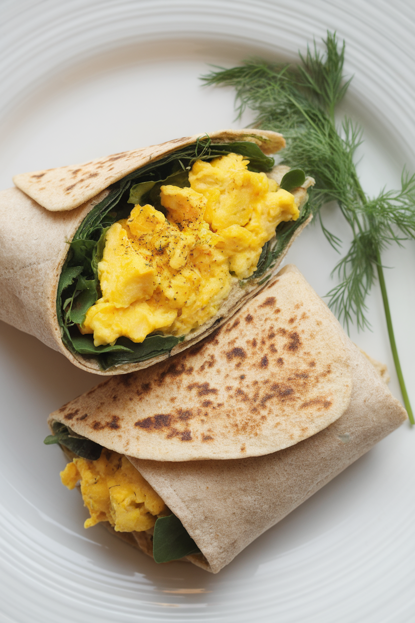 Indoor shot of a whole-grain wrap cut in half to reveal yellow turmeric-spiced scrambled eggs and mixed greens. No text or logos.