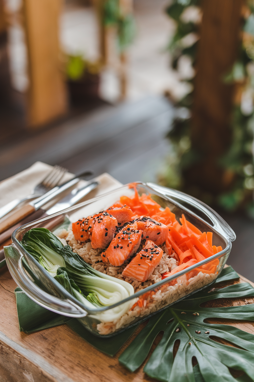 Indoor shot featuring a glass dish with brown rice, bok choy, carrot ribbons, and glazed salmon pieces, sesame seeds sprinkled on top. No logos or text.