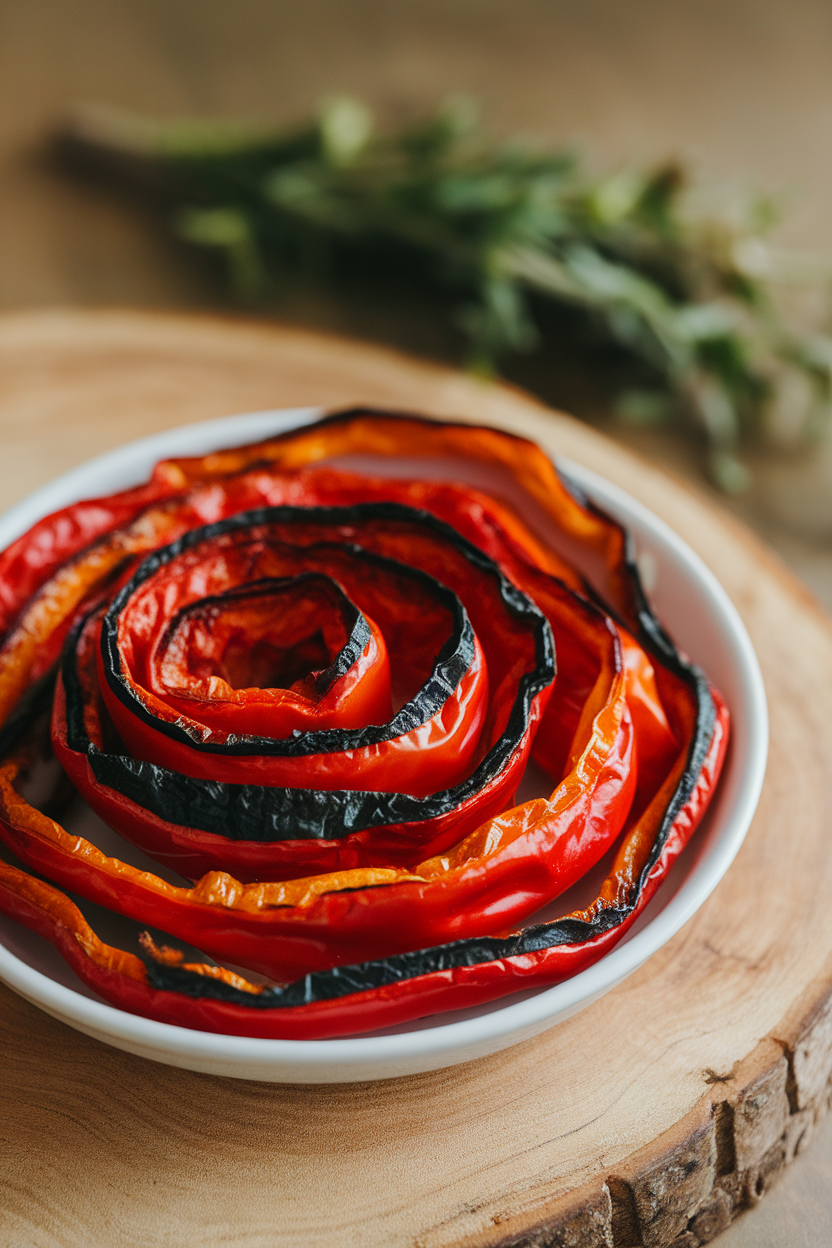 Indoor photo of peeled roasted red pepper strips arranged on a dish, charred edges visible; no text or logos