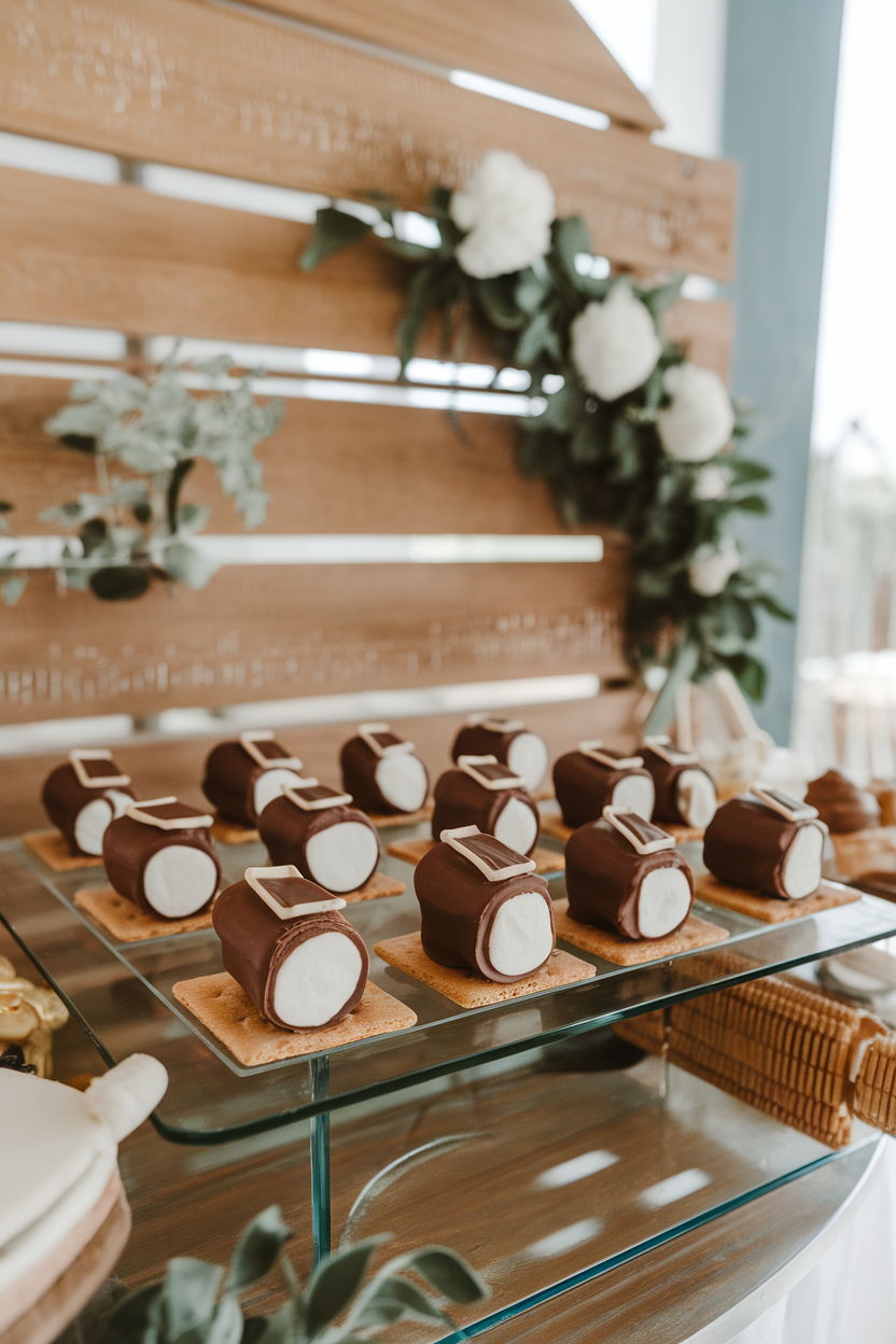 An indoor dessert stand displaying chocolate-covered marshmallow treats sitting on square graham crackers, a small icing buckle completing the hat design. Photo, no text or logos.