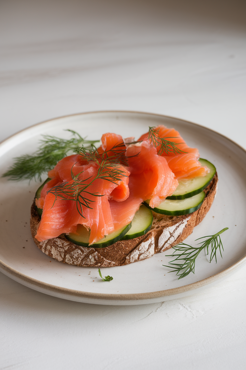 Indoor close-up photo of rye toast layered with cooked smoked salmon, cucumber ribbons, and dill sprigs, no text or logos.