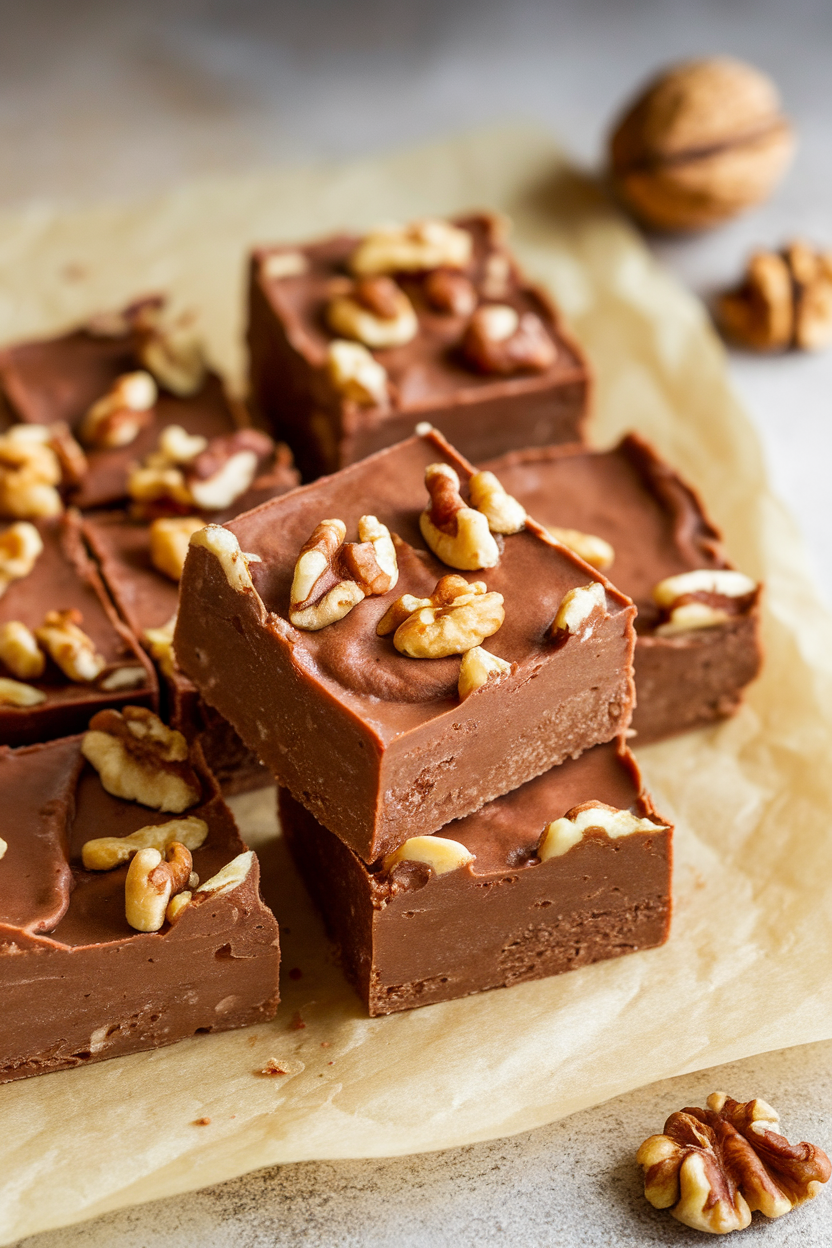 Maple walnut fudge squares on parchment indoors, walnut pieces visible on top. No text or logos.</Prompt