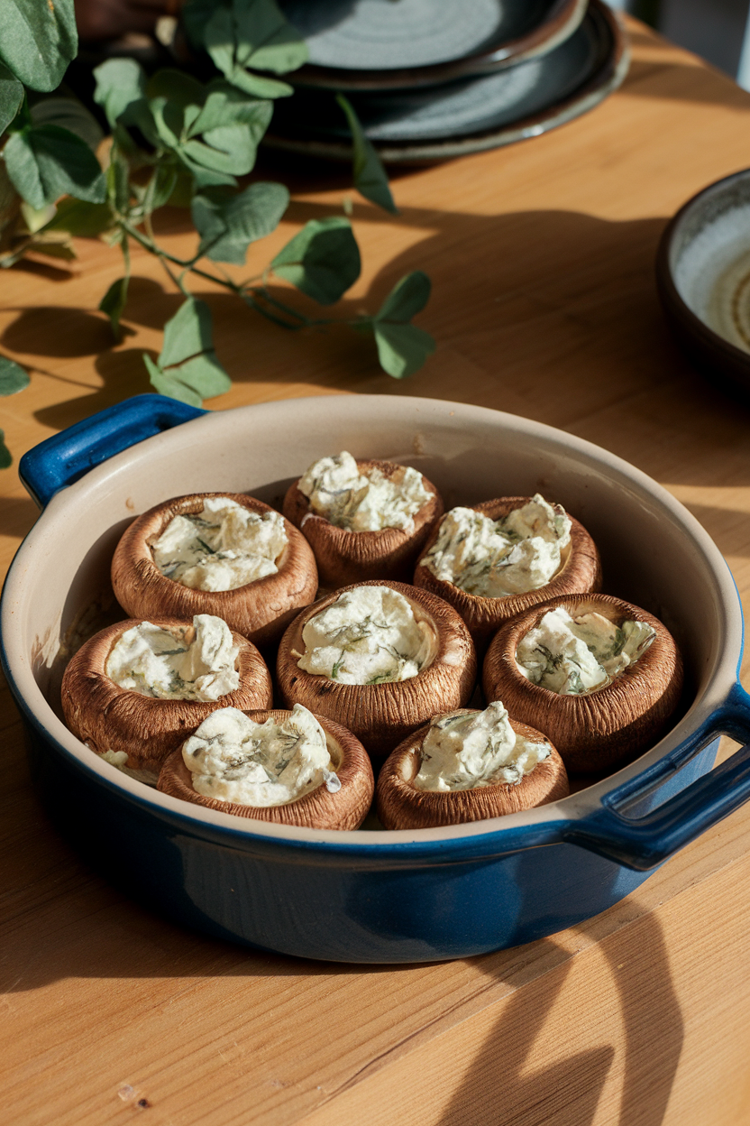 A ceramic baking dish on an indoor table filled with browned mushroom caps oozing herbed cream cheese filling, no text or logos.
