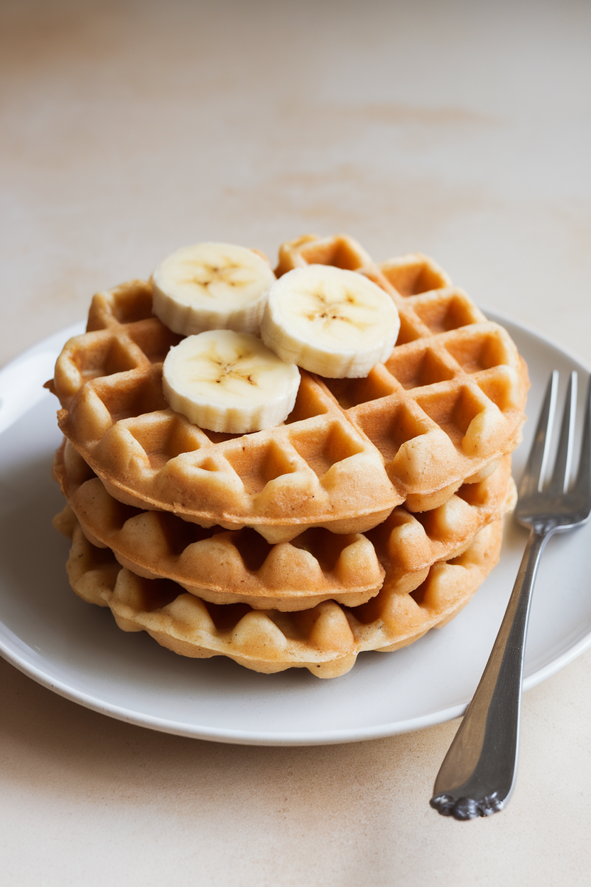 An indoor stack of round waffles made from oat batter, banana slices on top; no text or logos in scene.