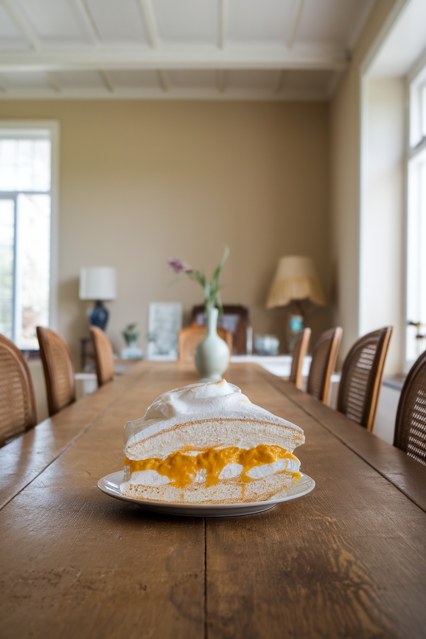 An indoor airy dining space featuring a thick pavlova slice with crisp meringue shell, marshmallow center, passionfruit curd, and coconut whipped cream. No text or logos. Photo, not illustration.