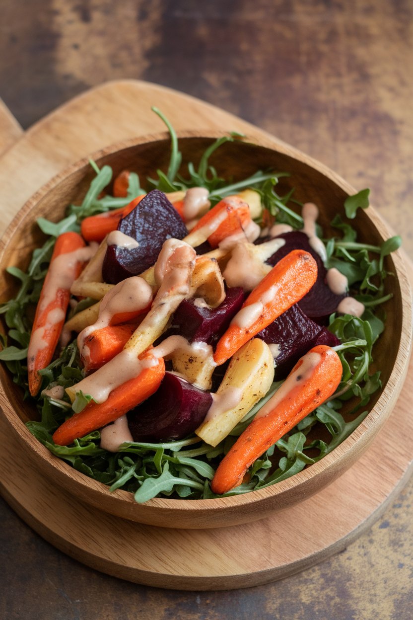 An indoor serving bowl containing roasted carrots, parsnips, and beets over arugula, drizzled with maple Dijon dressing. No text or logos; photo only.