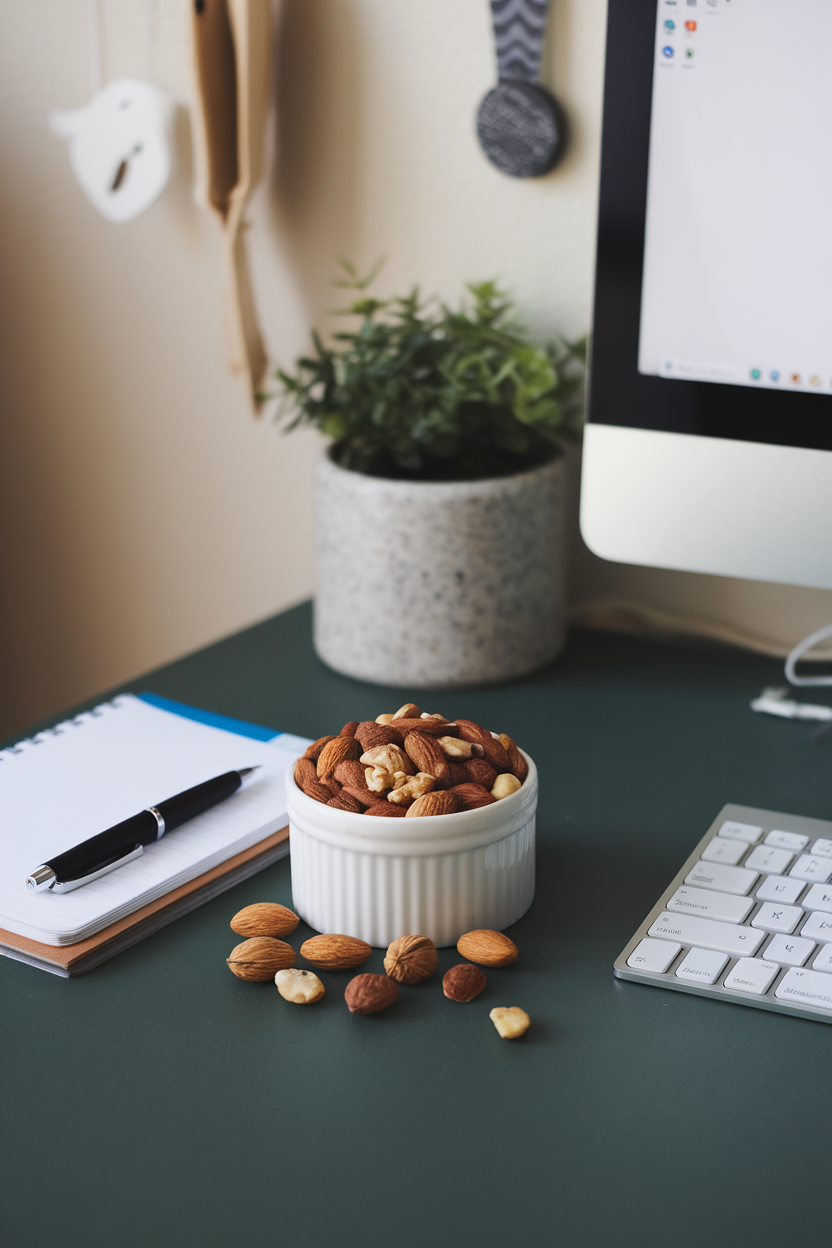An indoor desk with a ramekin of mixed almonds and walnuts beside a computer keyboard—photo, no logos.
