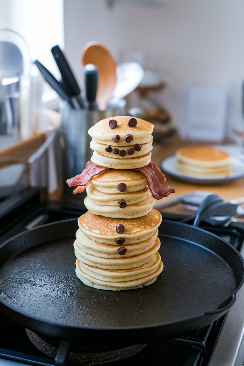 An indoor griddle scene with three different-sized pancakes stacked like a snowman, chocolate chip eyes and bacon scarf. No text or logos. Photo, not illustration.