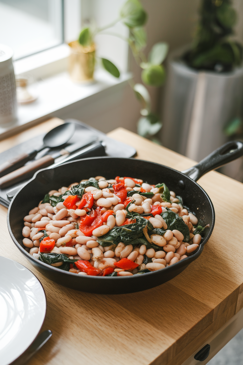 Photo of an indoor dining scene with a skillet of warm butter beans tossed with baby spinach, roasted red peppers, and garlic. No logos or text.