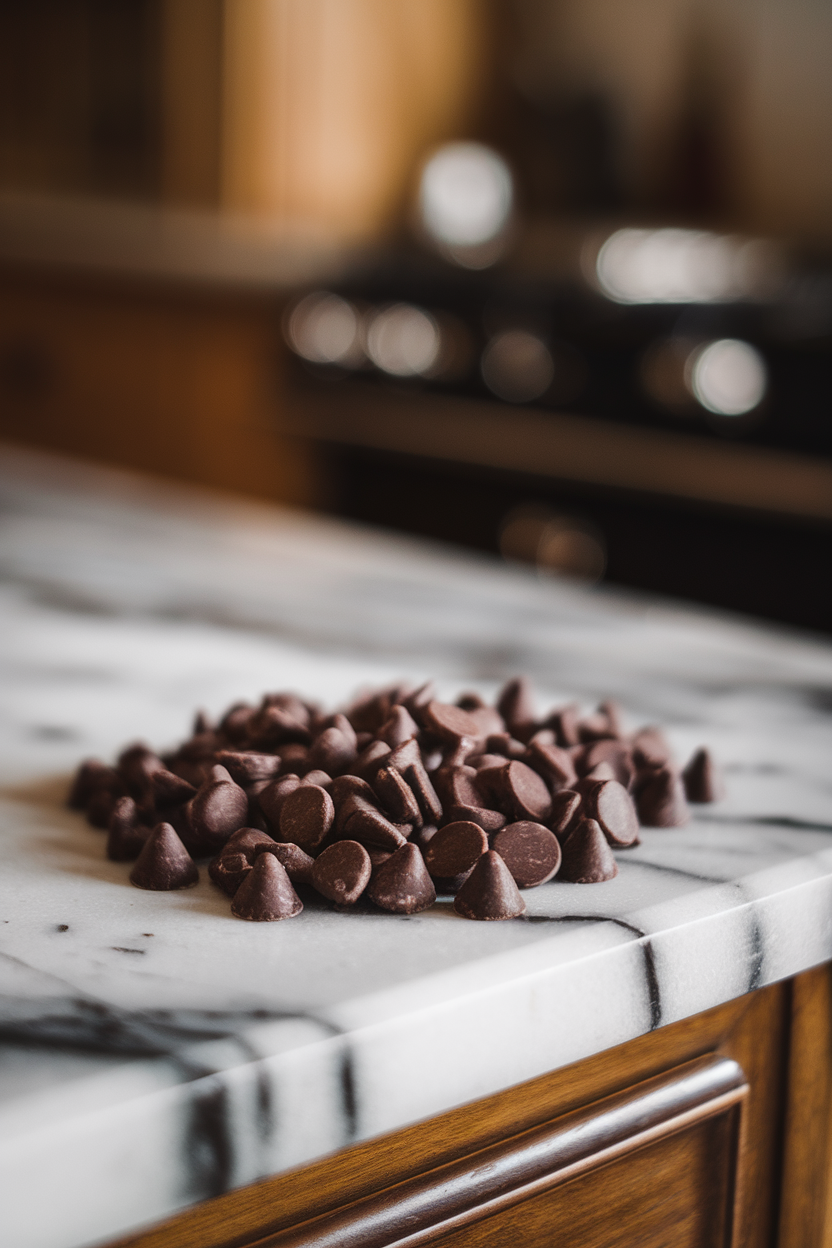 Indoor photo of dark chocolate chips scattered across a marble surface in soft focus; no text or logos