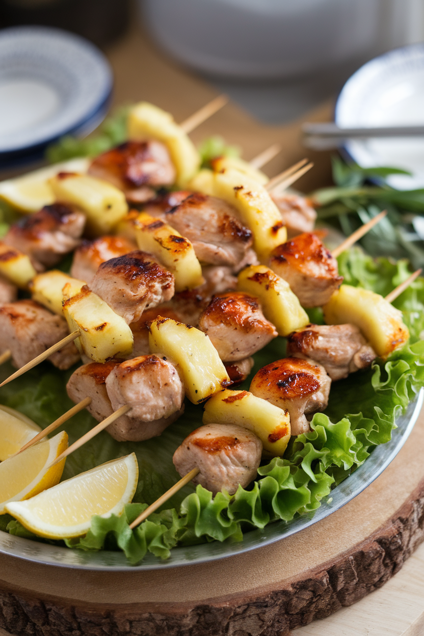 Indoor platter with cooked chicken and pineapple skewers, light glaze giving a sheen. No text or logos visible.
