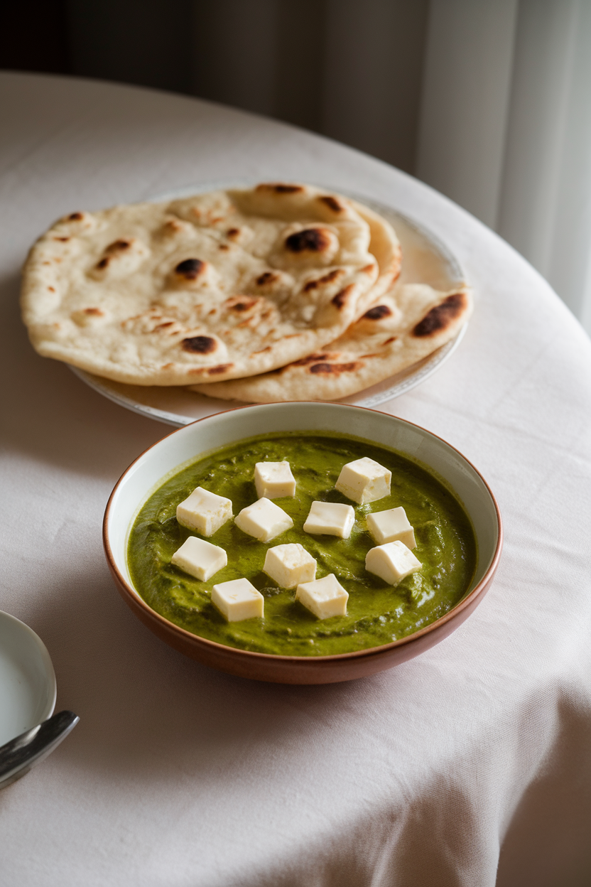 Photo prompt: A softly lit indoor table with a bowl of bright green spinach gravy dotted with cottage-cheese cubes, naan resting nearby. No text or logos in view.